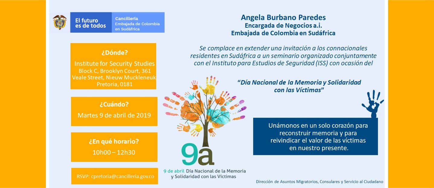 La Embajada y el Consulado de Colombia en Sudáfrica invita a la conmemoración del Día Nacional de la Memoria y la Solidaridad con las Víctimas