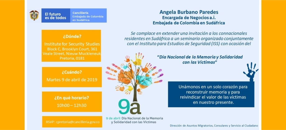 La Embajada y el Consulado de Colombia en Sudáfrica invita a la conmemoración del Día Nacional de la Memoria y la Solidaridad con las Víctimas